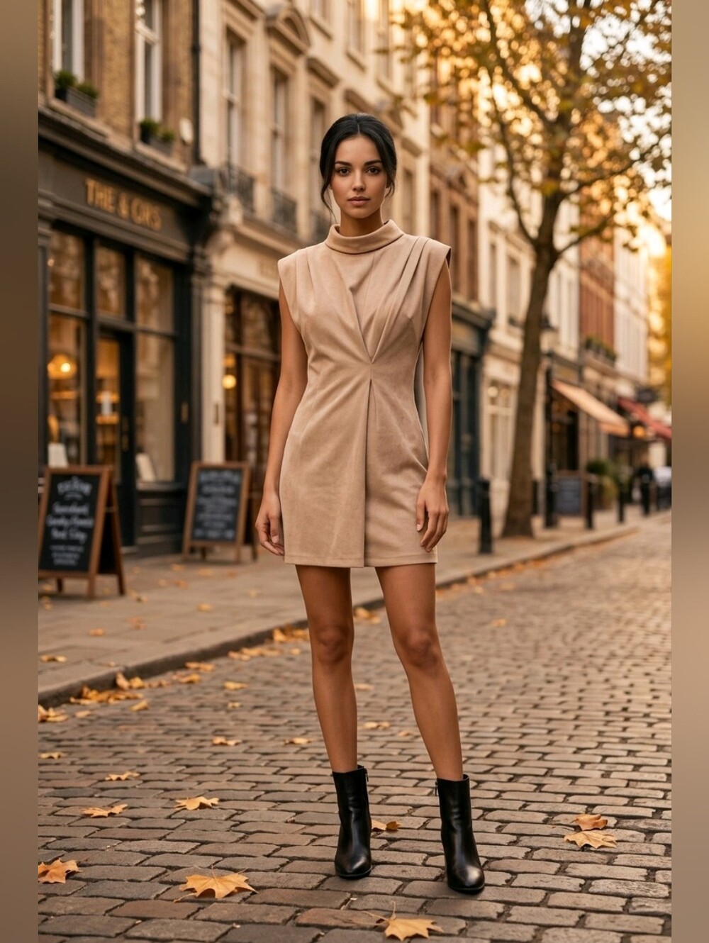 THML NWT Faux Suede Sleeveless Mini Dress in Beige | Cowl Neck
